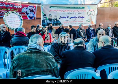 Gaza City, Palestine. 09th Feb, 2022. People seen joining the protest against Israeli occupation in supporting of the people in West Bank during the funeral. Palestinians in Gaza City mourn three Palestinians killed in Nablus. Israeli forces killed three Palestinians on February 8th during a daytime raid, in the West Bank city of Nablus. Credit: SOPA Images Limited/Alamy Live News Stock Photo