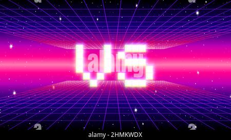 Versus sign with arcade game style with pixel letters over synthwave landscape. 80s styled VS emblem for competition poster. Stock Vector