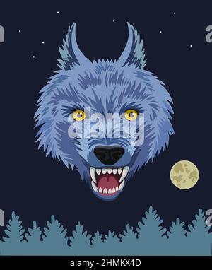 Concept of angry wolf on dark background. Cartoon scary aggressive wolf portrait with big fangs in night forest.  Stock Vector