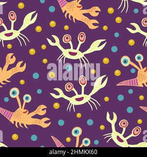Cute seamless pattern with crabs.Cartoon doodle print with happy sea creatures for children and nursery textile and decor. Stock Vector