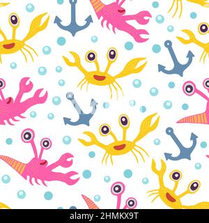 Cute seamless pattern with crabs.Cartoon doodle print with happy sea creatures for children and nursery textile and decor. Stock Vector