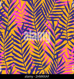 Seamless pattern with modern neon palm tropical leaves and plants for design and textile. Stock Vector
