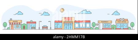 City skyline. Landscape with row houses of bakery, bus stop, super market, pharmacy and post office. Street horizontal panorama. Vector illustration Stock Vector