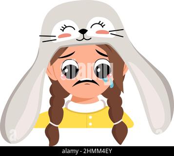 Girl with big eyes and crying and tears emotion, sad face, depressive eyes in cute rabbit hat with long ears. Head of child with melancholy face for holiday Easter. Vector flat illustration Stock Vector