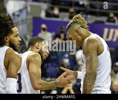 Seattle, WA, USA. 10th Feb, 2022. Washington forward Nate Roberts during the first half of the the NCAA basketball game between the Arizona State Sun Devils and Washington Huskies at Hec Edmundson Pavilion in Seattle, WA. Steve Faber/CSM/Alamy Live News Stock Photo