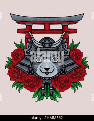illustration cute cat head with rose flower Stock Vector