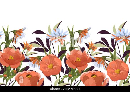 Vector floral seamless pattern, border. Horizontal panoramic illustration with orange and coral colored flowers. Stock Vector