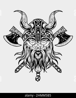 illustration viking head with two axe on white background Stock Vector