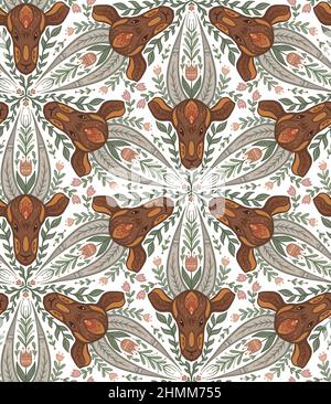 Seamless pattern with antelope heads with folk art. Gazelle with floral ornament. Kaleidoscope with animals with natural decorations on white backgrou Stock Photo