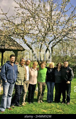 The team of writers and journalists at the 'Formula As' magazine during a working trip in Maramures, approx. 2004. Left to right: Claudiu Tarziu, Sorin Preda, Horia Turcanu, Ruxandra Constantinescu, Catalin Manole & Sanziana Pop. Stock Photo