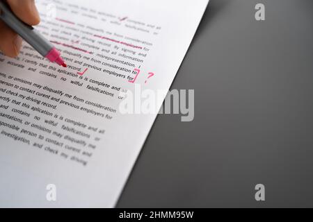 Editing Essay Content On Paper. Proofreader Marking Mistake Stock Photo
