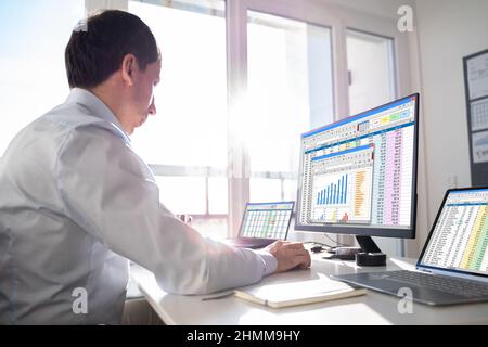 Analyst Working With Spreadsheet Business Data On Computer Stock Photo