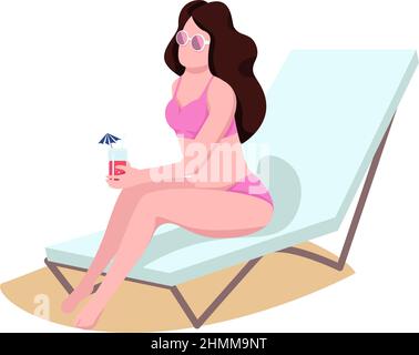 Woman on beach longue semi flat color vector character Stock Vector