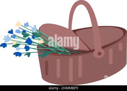 Picnic basket with flowers semi flat color vector object Stock Vector