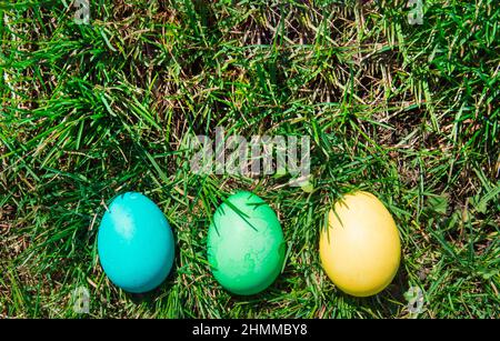 Top view of three multicolored Easter eggs lined up against a background of grass. Flat style, Easter holiday concept. Stock Photo