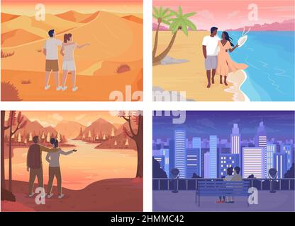 Romantic getaway with beloved flat color vector illustration set. Dreamy dates. Men and women embracing 2D simple cartoon characters collection with s Stock Vector