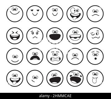 Emoji black and white characters vector set. Emoticon doodle emojis faces with funny and crazy facial emotion for drawing emoticons cartoon character. Stock Vector