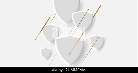 White background with 3d composition of security white shields icons with golden stripes, dynamic illustration Stock Vector