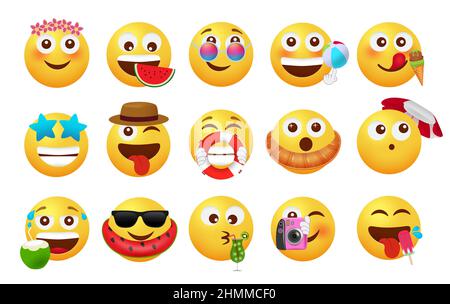 Summer emoji vector set design. Emojis character in happy and cute faces with floater, fruits and camera summer objects for tropical season emoticons. Stock Vector