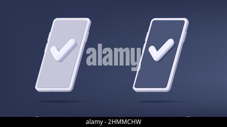 3d isometric smartphone with checkmark on the screen, two variants with light and dark display, white gadget, isolated Stock Vector