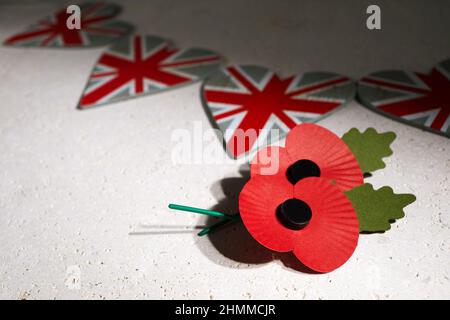 Anzac day. Australian and New Zealand national public holiday or Remembrance day. Red poppy on biege stone background Stock Photo