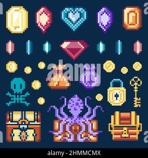 Pixel Arts Pirate Treasures Gems Game Assets Stock Vector