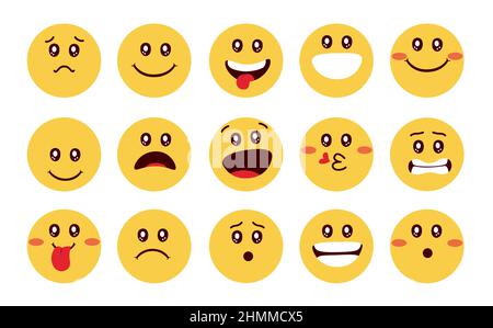 Emoji cute characters vector set design. Emoticon flat emoji faces in kawaii eyes with happy, smiling and blushing faces reaction for yellow emoticons. Stock Vector