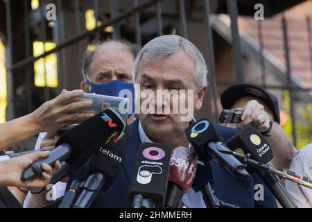 Olivos, Argentina. 10th Feb, 2022. The Governor of the Province of Jujuy Gerardo Morales, making statements after the meeting of the national table of Together for Change. (Photo by Esteban Osorio/Pacific Press) Credit: Pacific Press Media Production Corp./Alamy Live News Stock Photo