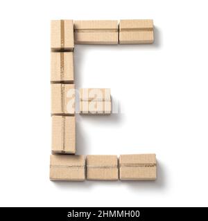 Letter E. Alphabet from cardboard boxes for delivery isolated on white background. Stock Photo