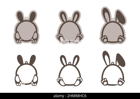 Adorable Easter bunny basket name tags. Laser wood cutting template. Layered paper decoration. Print, cut out, glue. Egg hunt for children template la Stock Vector