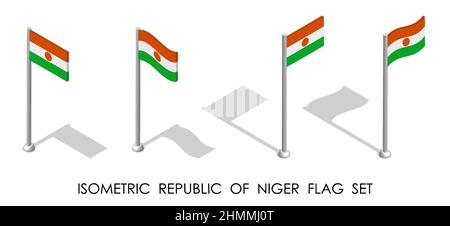 isometric flag REPUBLIC OF NIGER in static position and in motion on flagpole. 3d vector Stock Vector