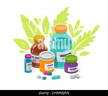 Medical tablets and capsules in bottles. Prescription drugs, medical pharmacy supplements vector illustration Stock Vector