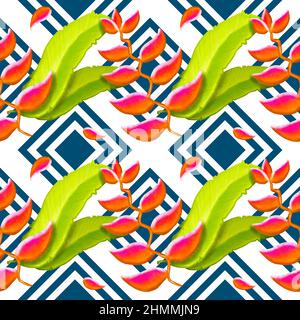 Pink Orange Green Leaf on Blue. Geometric ethnic oriental pattern traditional Design for background,carpet,wallpaper,clothing,wrapping,Batik,fabric, i Stock Photo