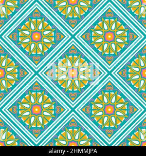 Yellow, Pink, White on Green Teal. Geometric ethnic oriental pattern traditional Design for background,carpet,wallpaper,clothing,wrapping,Batik,fabric Stock Photo