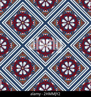 Red, Yellow, White on Navy Blue. Geometric ethnic oriental pattern traditional Design for background,carpet,wallpaper,clothing,wrapping,Batik,fabric, Stock Photo