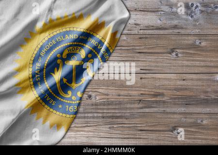 United States country state Rhode Island Seal on old wooden pattern table board Stock Photo