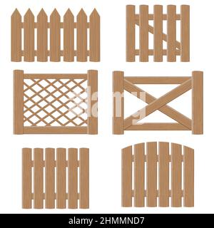 A set of Wooden Gates and fences made of boards of various designs, Vector illustration in Cartoon Style. Stock Vector