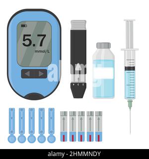 Icons Set with blood glucose meter insulin pen syringe isolated vector illustration. Stock Vector