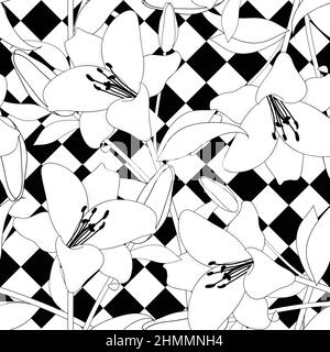 White Lily Line on Black White Diamond Background. Vector Illustration Stock Vector