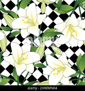 White Lily on Black White Diamond Background. Vector Illustration Stock Vector