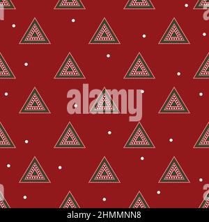 Christmas Minimal Green Tree Aztec and White Snow on Red Background. Vector Illustration Stock Vector