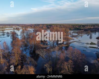 Floods and inundations during spring thaws from a small river. Stock Photo