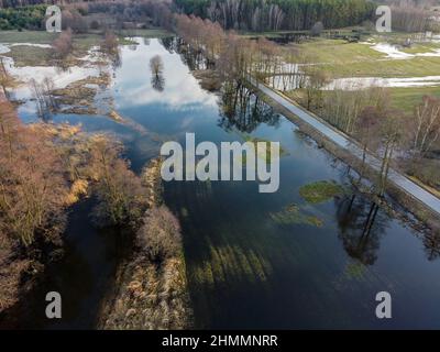 Floods and inundations during spring thaws from a small river. Stock Photo