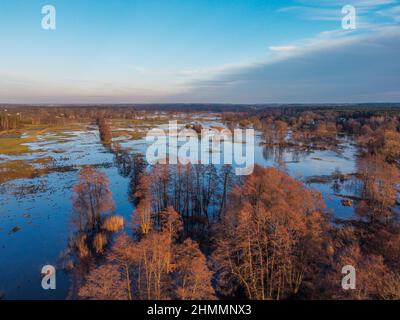 Floods and inundations during spring thaws from a small river. Stock Photo