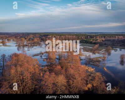 Floods and inundations during spring thaws from a small river. Stock Photo