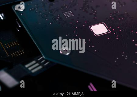 Backside of a computer hard disk drive .Close up. Data, hardware, and information concept Stock Photo