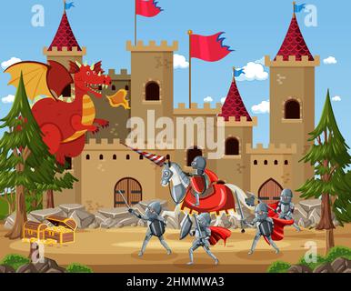 Medieval knights fighting with ancient dragon illustration Stock Vector ...