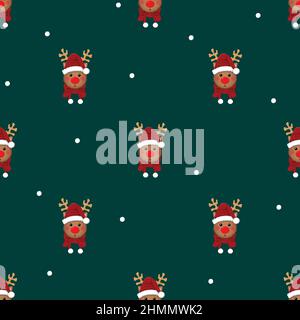 Reindeer Santa with Red Scarf and White Snow on Green Background. Vector Illustration. Stock Vector