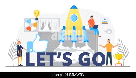 Let is go concept vector for web, homepage. Stratup metaphor with tiny people,winner prize, like icon. Stock Vector