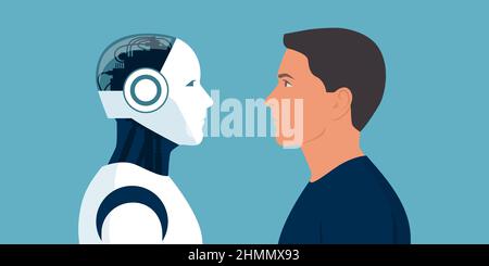 Machine vs human: AI robot and man facing each other Stock Vector